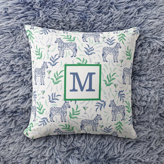 Preppy Navy Zebra Martinis White Monogram  Cushion (Creator Uploaded)