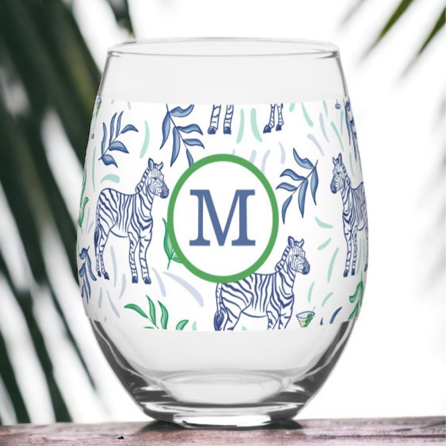 Preppy Navy Zebra Martinis White Monogram  Stemless Wine Glass (Creator Uploaded)