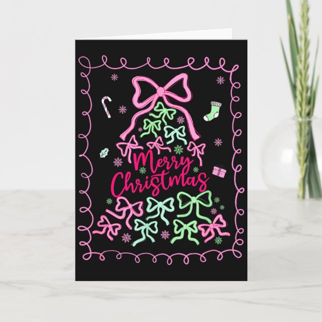Preppy Nk Coquette Bow Christmas Tree Girly Xmas H Card (Front)