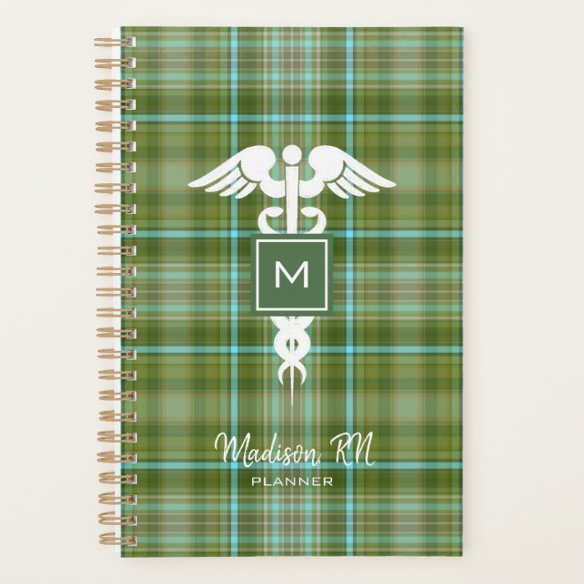 Preppy Nurse Medical Green Plaid Personalised Planner (Front)