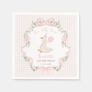 Preppy One Silly Goose Pink Bow 1st Birthday Napkin