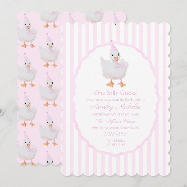 Preppy One Silly Goose Pink Invitation (Front/Back)