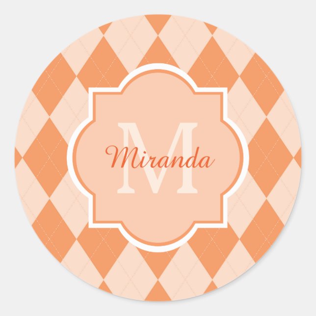 Preppy Orange Argyle Girly Monogram and Name Classic Round Sticker (Front)