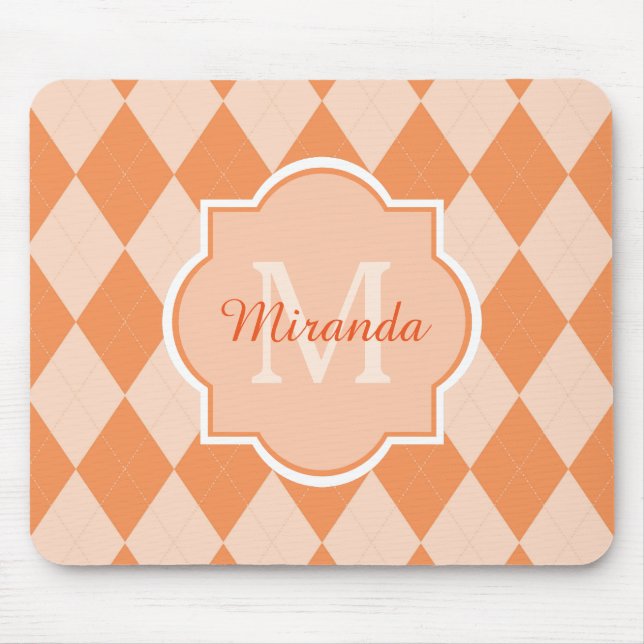 Preppy Orange Argyle Girly Monogram and Name Mouse Mat (Front)