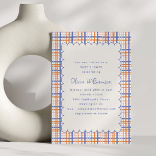 Preppy Orange Blue Plaid Scallop Baby Shower Invitation