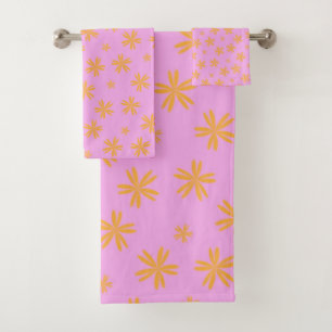 Preppy Orange Pink Hippie Flower Pattern Bath Towel Set