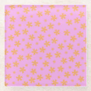 Preppy Orange Pink Hippie Flower Pattern Glass Coaster