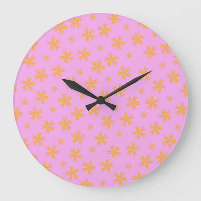 Preppy Orange Pink Hippie Flower Pattern Large Clock (Front)