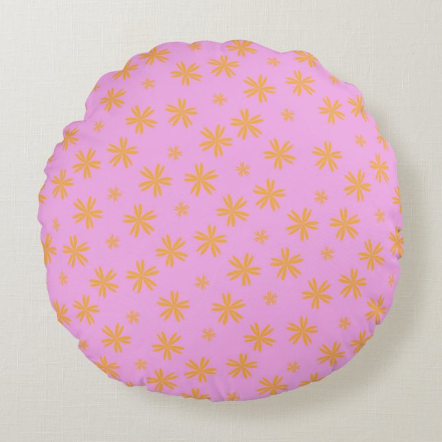 Preppy Orange Pink Hippie Flower Pattern Round Cushion (Front)
