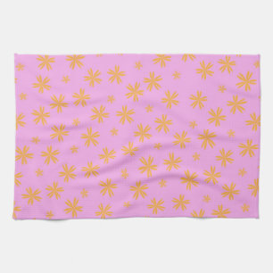 Preppy Orange Pink Hippie Flower Pattern Tea Towel