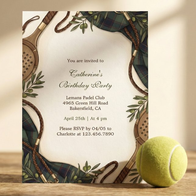 Preppy Padel Club Tartan Birthday Party Invitation (Watercolor padel tennis birthday party invitation)