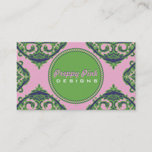 Preppy Pale Pink, Green & Blue Damask Business Card