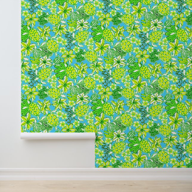 Preppy Palm Beach Blue & Green Turtles Wallpaper (Application)