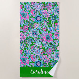 Preppy Palm Beach Blue Purple Flowers Personalised Towel