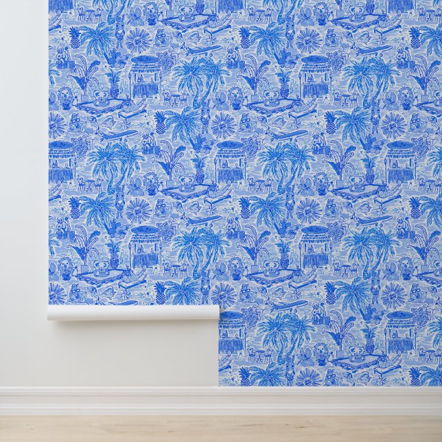 Preppy Palm Beach Blue & White Animal Vacation Wallpaper (Application)