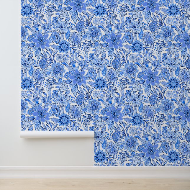 Preppy Palm Beach Blue & White Flowers Wallpaper (Application)