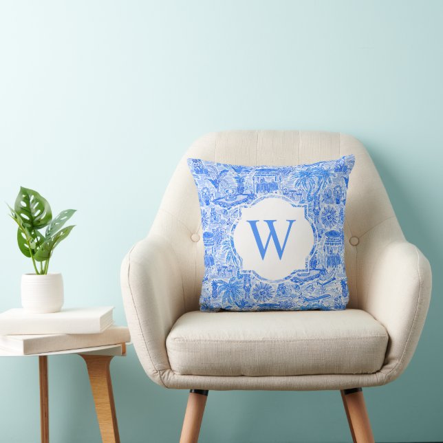 Preppy Palm Beach Blue White Vacation Monogram Cushion (Chair)