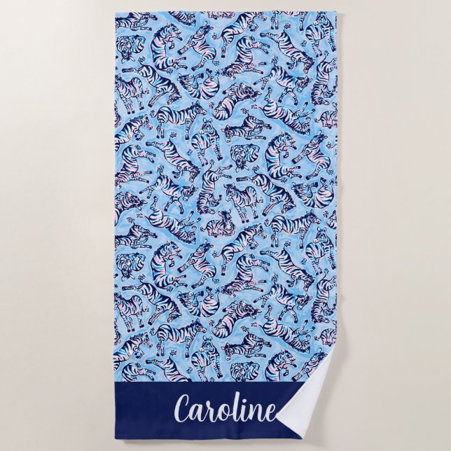 Preppy Palm Beach Blue Zebras Personalised Towel (Front)
