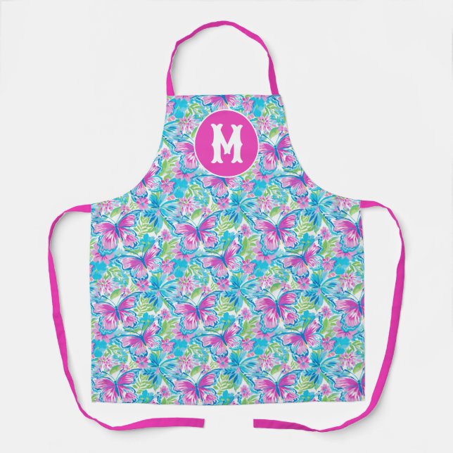 Preppy Palm Beach Butterflies Monogram Apron (Front)