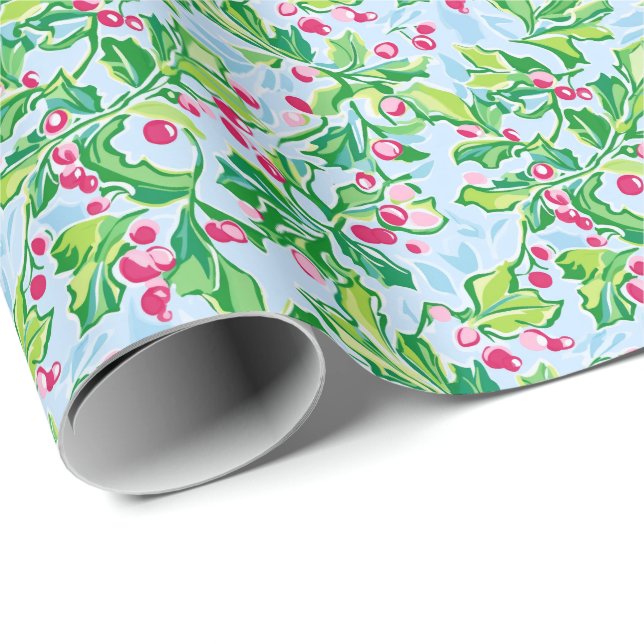 Preppy Palm Beach Christmas Holly Wrapping Paper (Roll Corner)