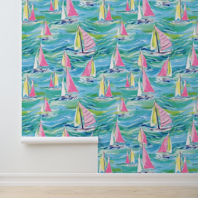 Preppy Palm Beach Colourful Watercolor Sailboats Wallpaper (Application)
