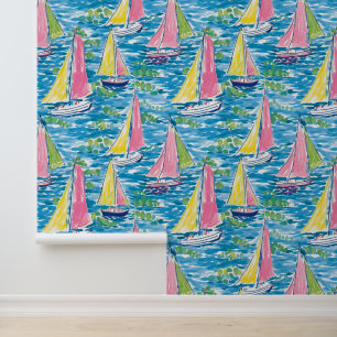 Preppy Palm Beach Colourful Watercolor Sailboats Wallpaper