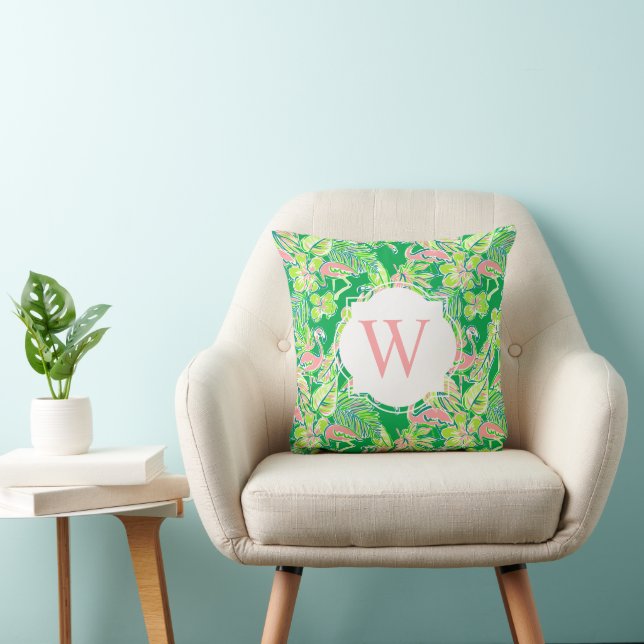 Preppy Palm Beach Green Pink Flamingos Monogram Cushion (Chair)