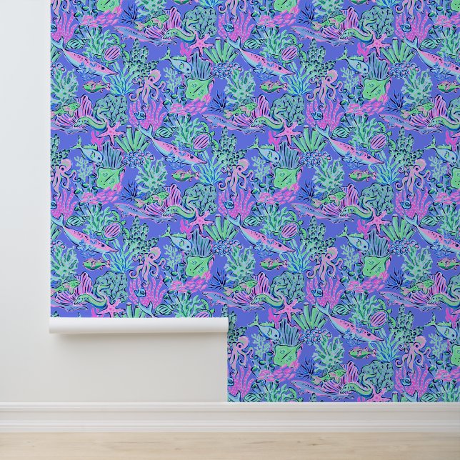 Preppy Palm Beach Lavender Ocean Sealife Wallpaper (Application)