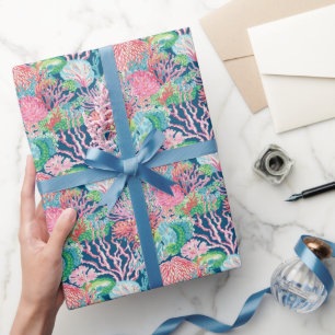 Preppy Palm Beach Ocean Coral Pattern Wrapping Paper