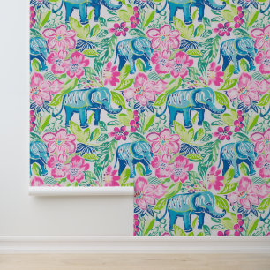 Preppy Palm Beach Pink and Blue Elephants Wallpaper