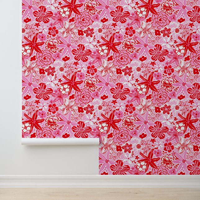 Preppy Palm Beach Pink and Red Flowers Wallpaper (Application)