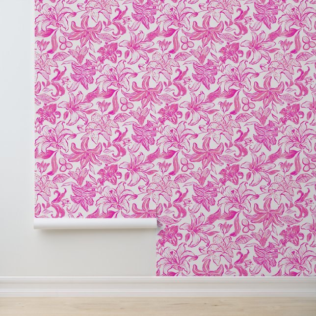 Preppy Palm Beach Pink and White Flowers Wallpaper (Application)