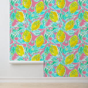 Preppy Palm Beach Pink and Yellow Lemons Wallpaper