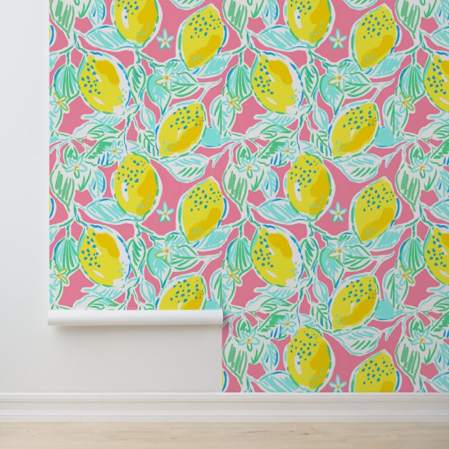Preppy Palm Beach Pink and Yellow Lemons Wallpaper (Application)