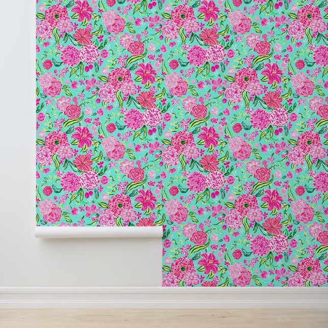 Preppy Palm Beach Pink & Aqua Flowers Wallpaper (Application)