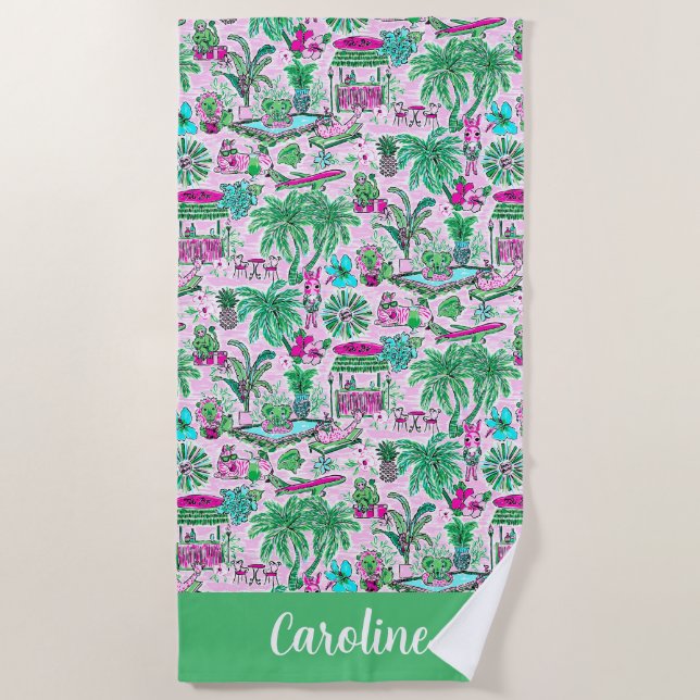 Preppy Palm Beach  Pink & Green Animal Vacation Towel (Front)