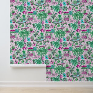Preppy Palm Beach Pink & Green Animal Vacation Wallpaper