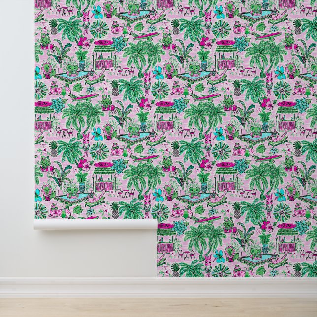Preppy Palm Beach Pink & Green Animal Vacation Wallpaper (Application)