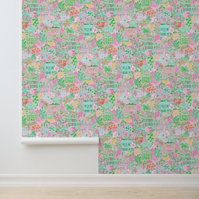 Preppy Palm Beach Pink & Green Charleston Wallpaper (Application)