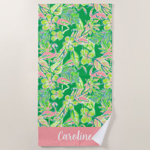 Preppy Palm Beach Pink Green Flamingo Personalised Beach Towel