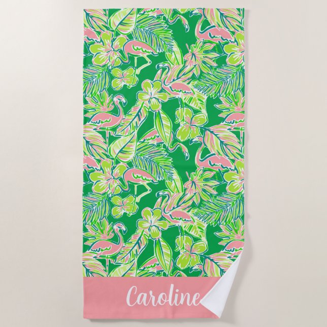 Preppy Palm Beach Pink Green Flamingo Personalised Beach Towel (Front)