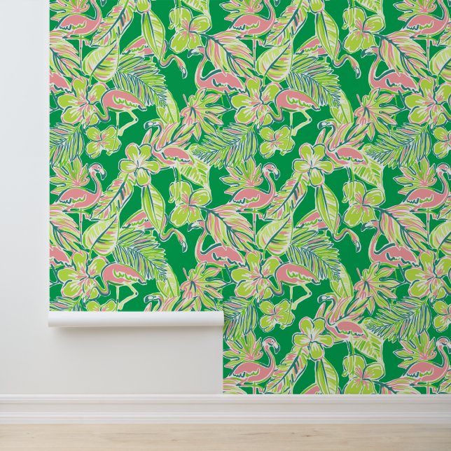Preppy Palm Beach Pink & Green Flamingos Wallpaper (Application)