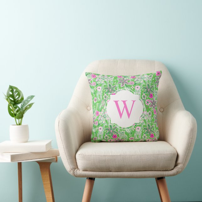 Preppy Palm Beach Pink & Green Giraffes Monogram Cushion (Chair)