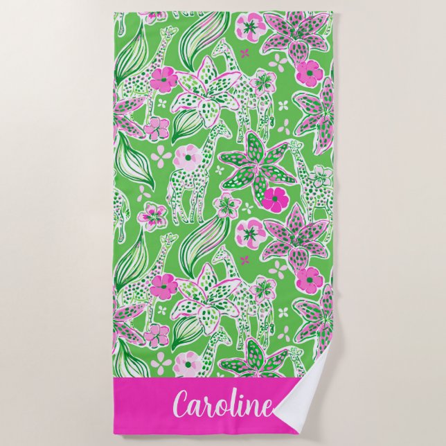 Preppy Palm Beach Pink Green Giraffes Personalised Towel (Front)
