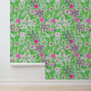 Preppy Palm Beach Pink & Green Jungle Giraffes Wallpaper
