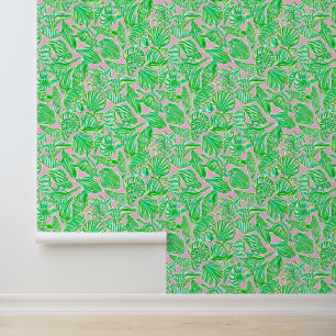 Preppy Palm Beach Pink & Green Seashells Wallpaper