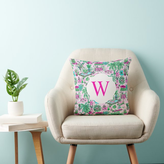 Preppy Palm Beach Pink Green Vacation Monogram Cushion (Chair)