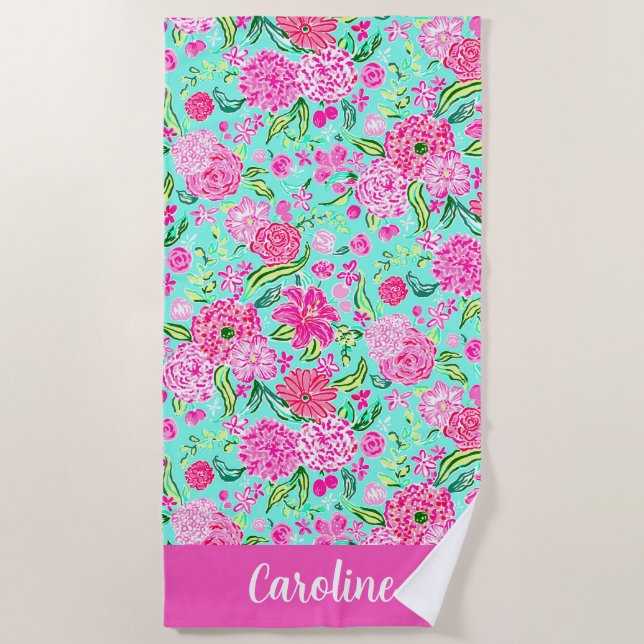 Preppy Palm Beach Pink Mint Flowers Personalised Towel (Front)