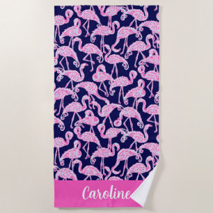 Preppy Palm Beach Pink Navy Flamingo Personalised Towel
