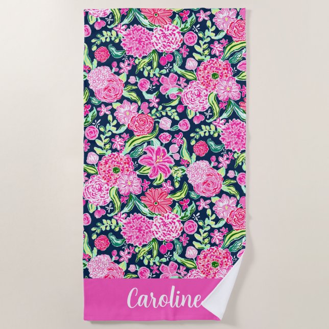 Preppy Palm Beach Pink & Navy Flowers Personalised Beach Towel (Front)